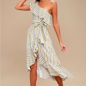 Lulus Yellow striped ruffle maxi dress